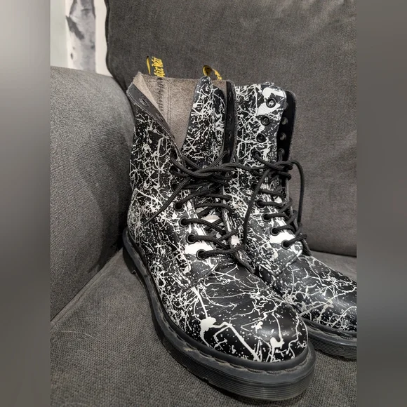Dr. Martens 14610 Black & White Paint Splatter Combat Boots - Picture 4 of 11